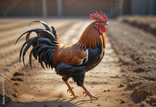 A rooster crawls on the ground looking for food