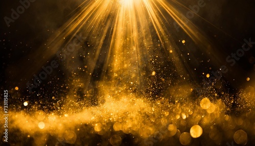 dark gold sparkle rays lights bokeh elegant abstract background dust sparks in explosion with smoke on black background
