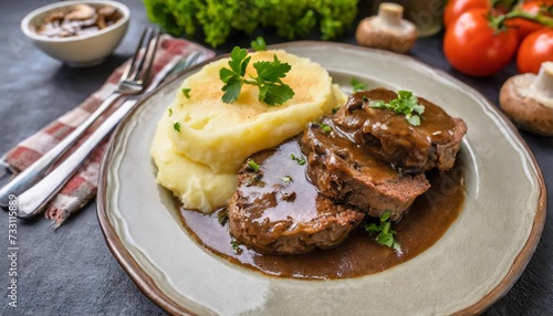 delicious home cooked salisbury steak with thick luscious brown mushroom gravy served with mashed potatoes on a plate traditional american cuisine dish specialty for family dinner holiday celebration