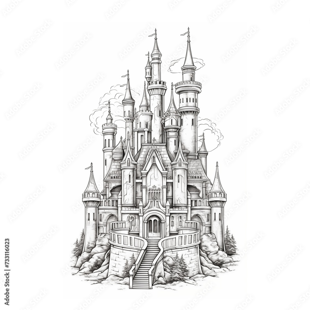 Linear colouring page, cartoon illustration of princess castle