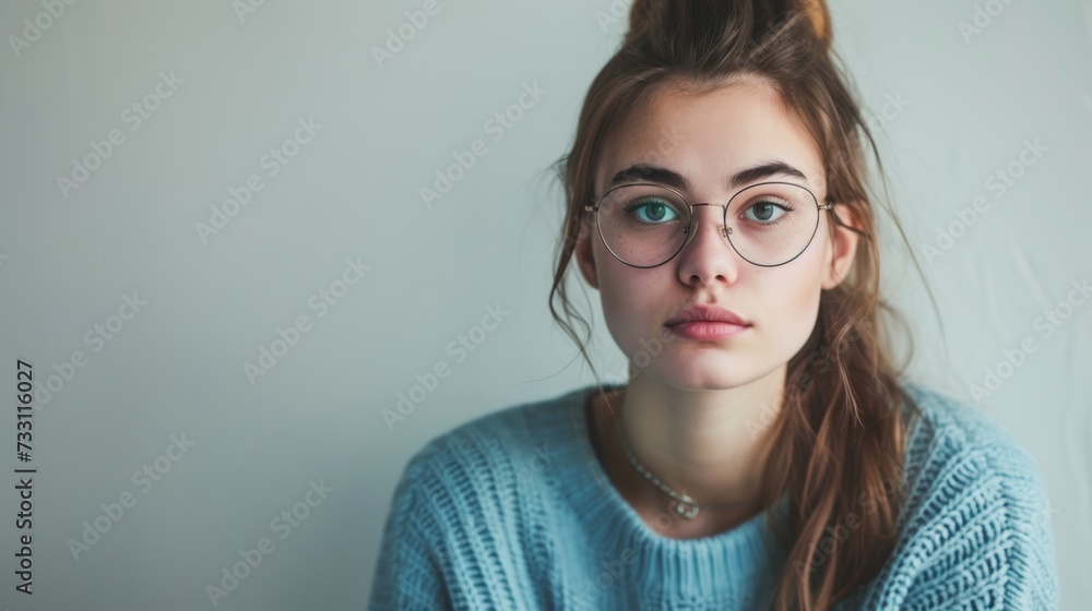 Casual Portrait of Young Woman with Eyeglasses and Blue Sweater AI Generated.