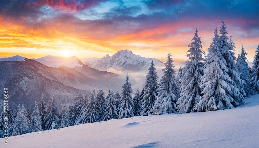 spectacular winter sunset in the mountains with frosty fir trees