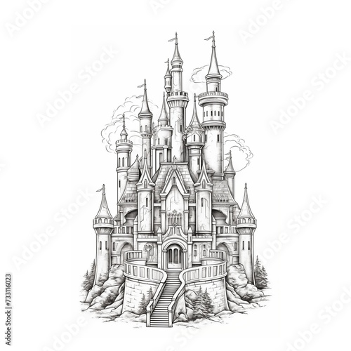 Linear colouring page, cartoon illustration of princess castle