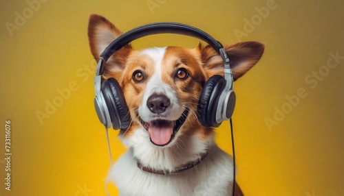 the dog is wearing headphones on a yellow background generation © Richard