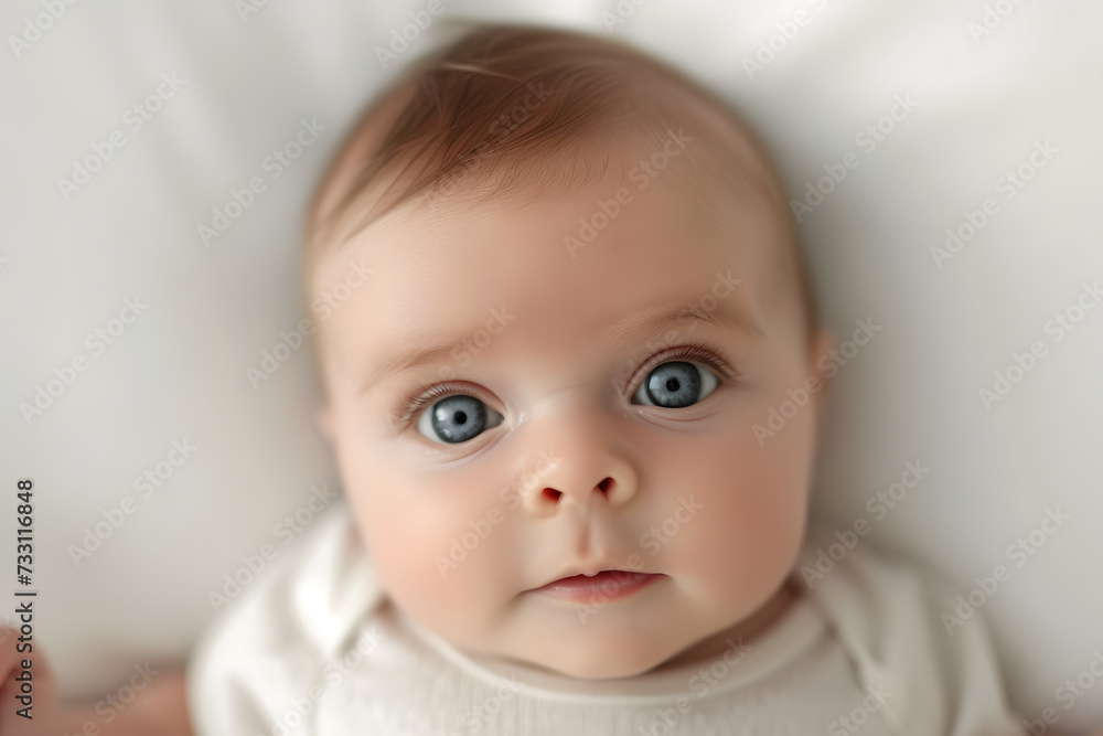 Closeup portrait of cute newborn baby isolated on white background