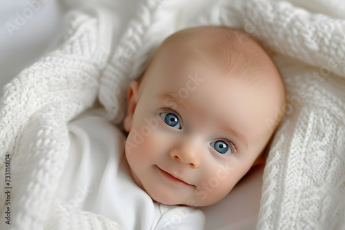 Closeup portrait of cute newborn baby isolated on white background