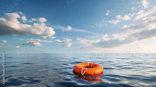 An orange lifebuoy floats on the open sea, symbolizing safety and hope under the vast sky 