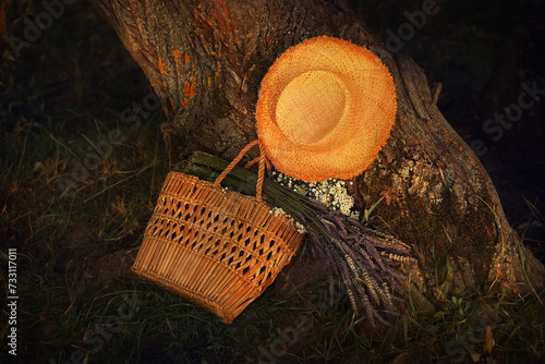 Straw hat, bag and lavender.