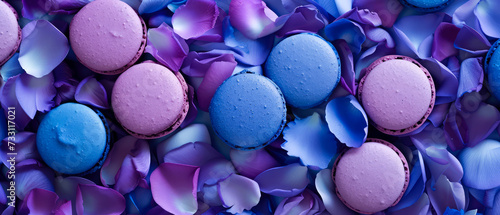 Purple macarons on blue, ultra violet  petals, flowers. Spring floral mockup. Flat lay.  Generative ai