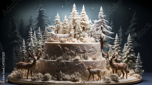 A picturesque Christmas cake that transports you to a winter wonderland, featuring realistic edible pine trees, graceful deer figurines, and a subtle layer of edible snow, all beautifully  ©  ALLAH LOVE