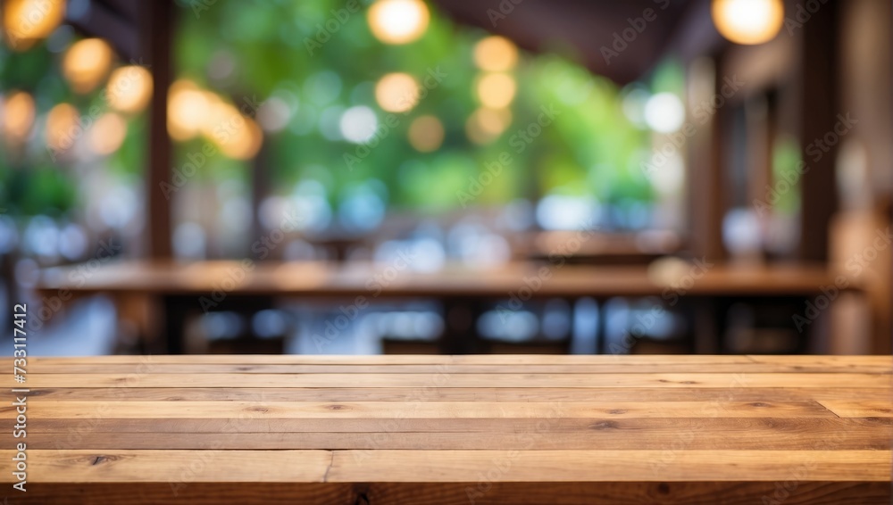 Empty wooden table and Coffee shop blur background with bokeh image