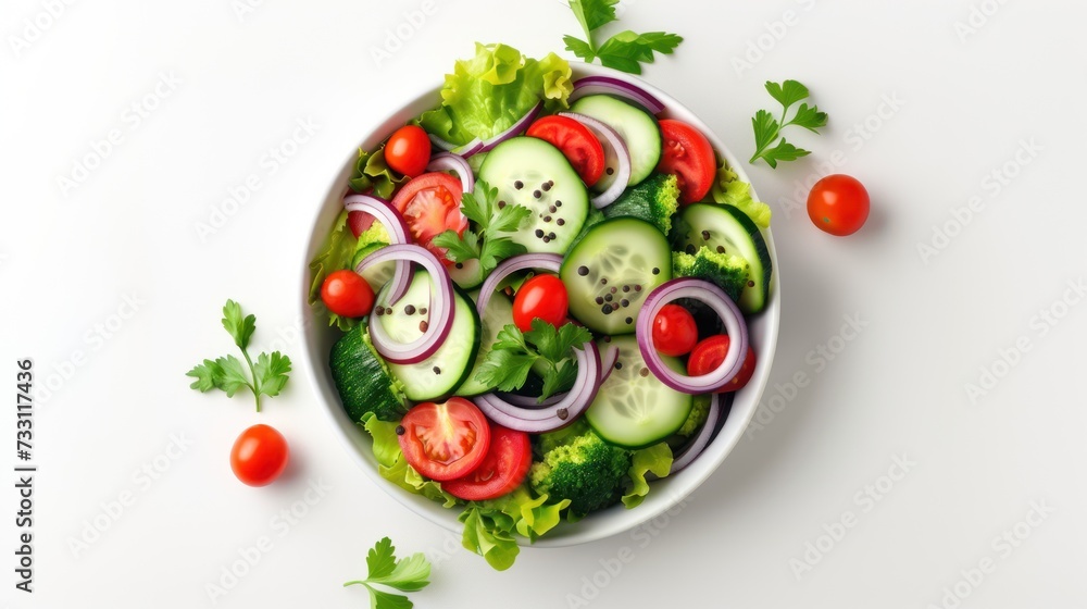 Bowl with delicious vegetable salad isolated on white background, top view. Bowl with delicious vegetable salad isolated on white background, top view.