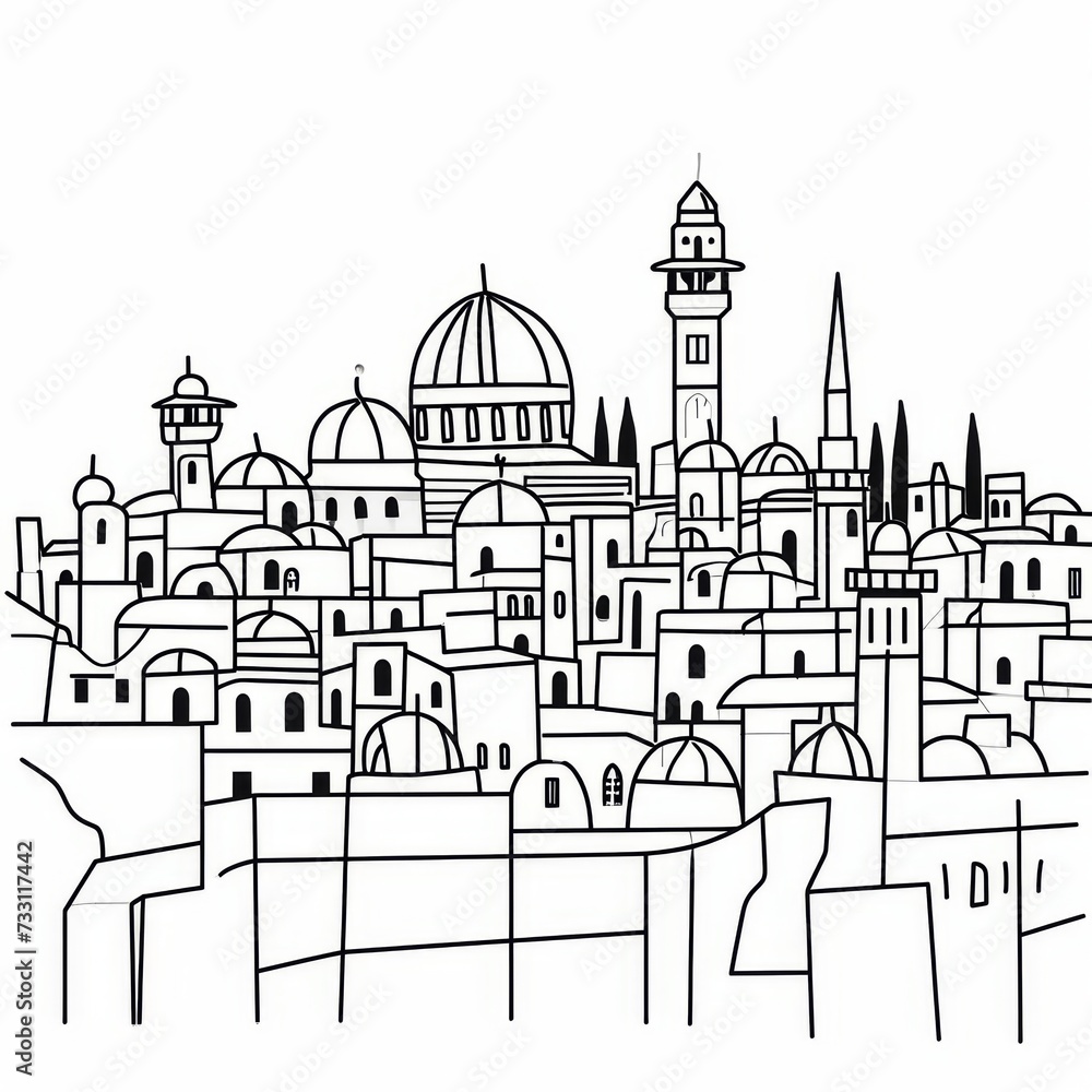 Generative AI image of Jerusalem drawing one-line drawing, figure outline only, single line