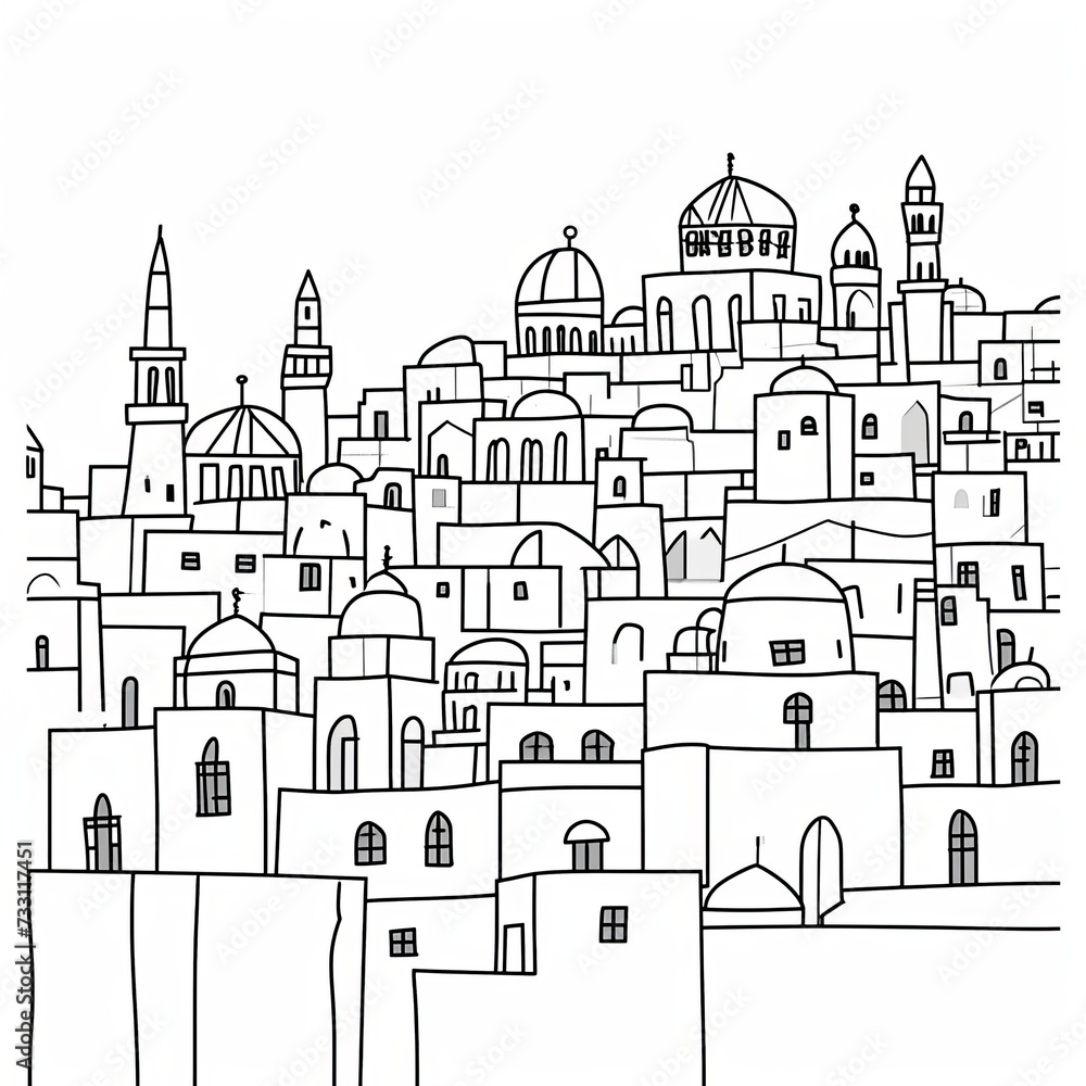 Generative AI image of Jerusalem drawing one-line drawing, figure outline only, single line