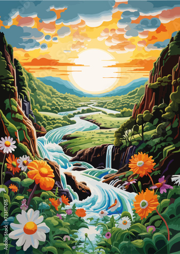 Spring valley full of flowers, water stream  light and vibrant colors, joyful celebration of nature