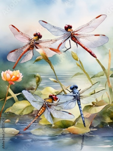 Wildlife in realistic colors: macrophoto of watercolor dragonflies photo