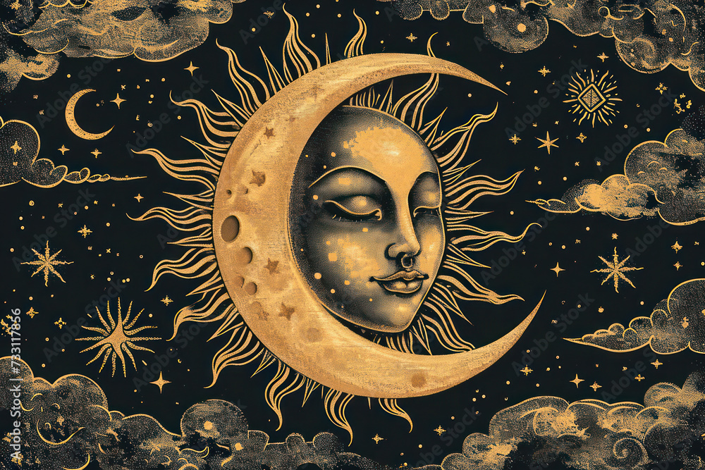 Mystical Celestial Vintage Moon Tattoo: Enigmatic Face Engraving in Sacred Lunar Cosmos, Alchemical Astral Art