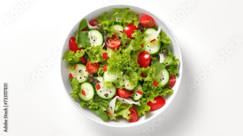 Bowl with delicious vegetable salad isolated on white background, top view.