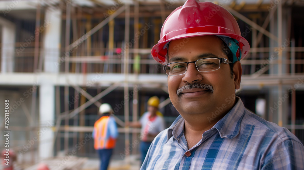 Smiling Indian engineer wearing glasses and red hard hat stands confidently on construction site. With his team working hard behind the scenes. Smiling Indian engineer wearing glasses and red hard hat stands confidently on construction site. With his team working hard behind the scenes.