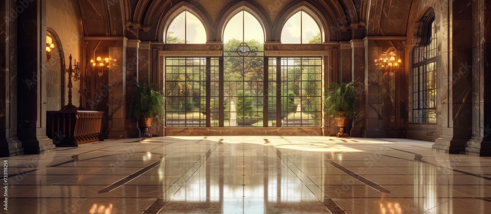 Luxury Interior design of grand hall with large arched window with ...
