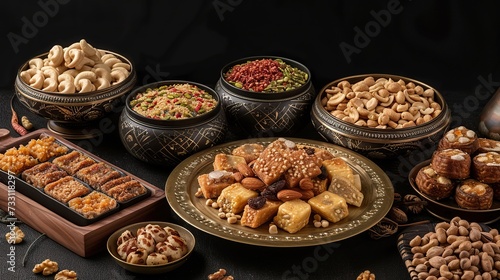 Exquisite Ramadan delights  Elegant presentation of desserts and a variety of nuts in metallic and earthen bowls.