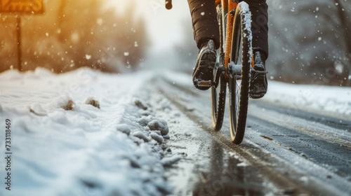 close up man riding a bicycle on a road in a winter snow
