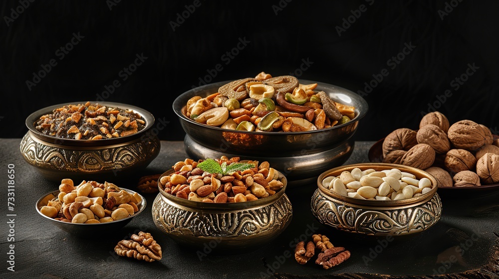 Artful presentation: Capturing the essence of Ramadan with a display of desserts and nuts in both metallic and earthen bowls.