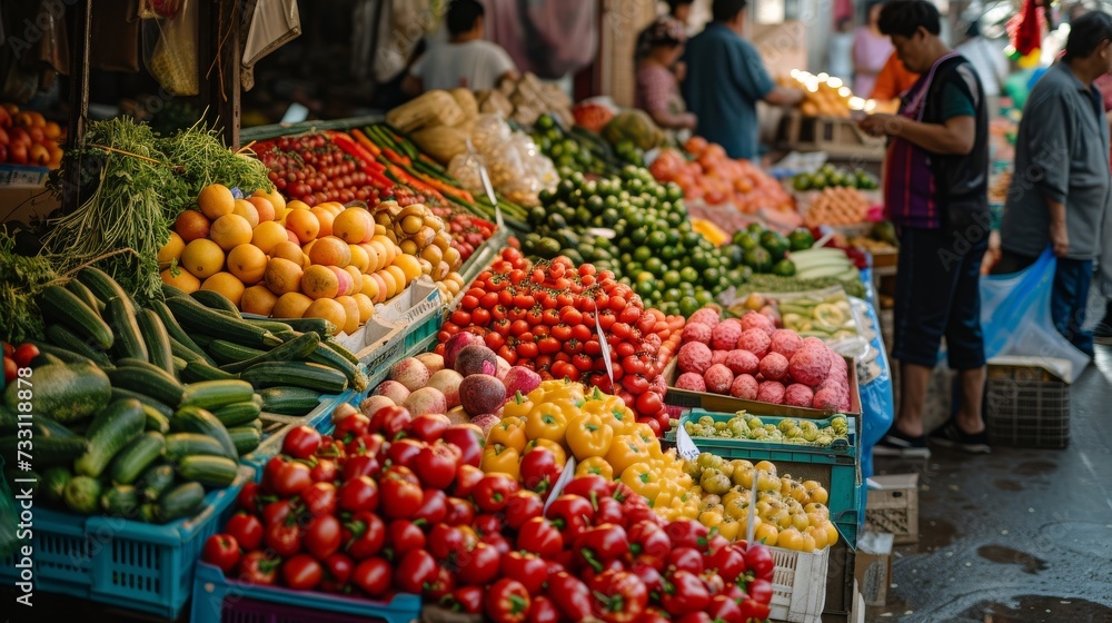 marketplace with vibrant fruits and vegetables on stalls Local farmers and customers background.