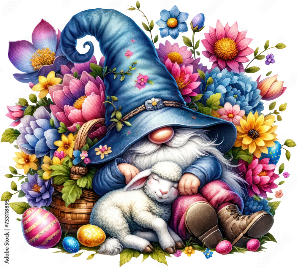 Enchanted Gnome Cuddling with a Lamb in a Floral Paradise. In a floral blue hat, lovingly cuddling a peaceful lamb amidst a basket and vibrant flowers, with Easter eggs hidden in the scene.