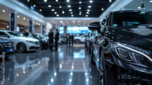 a luxury car dealership showroom salesman talk with potential buyers in background © พงศ์พล วันดี