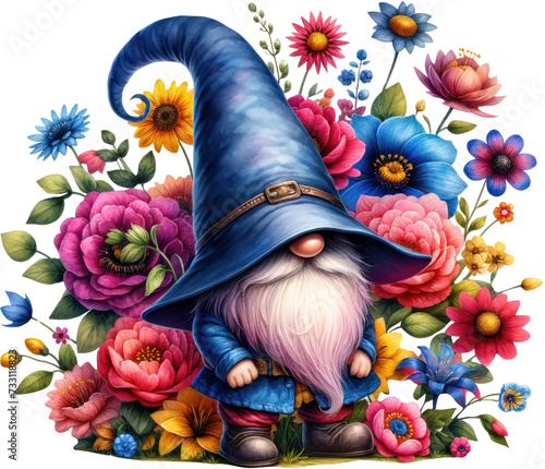 Mystical Blue-Hatted Gnome in a Lush Flower Garden.