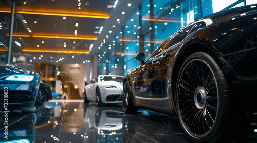 Luxury car showroom with dealership with super car in background