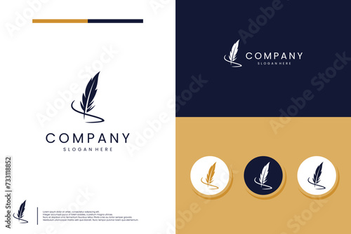 golden quill logo design. Minimalist feather signature logo template.
