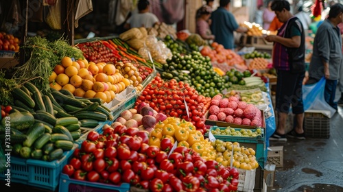 marketplace with vibrant fruits and vegetables on stalls Local farmers and customers background. © พงศ์พล วันดี