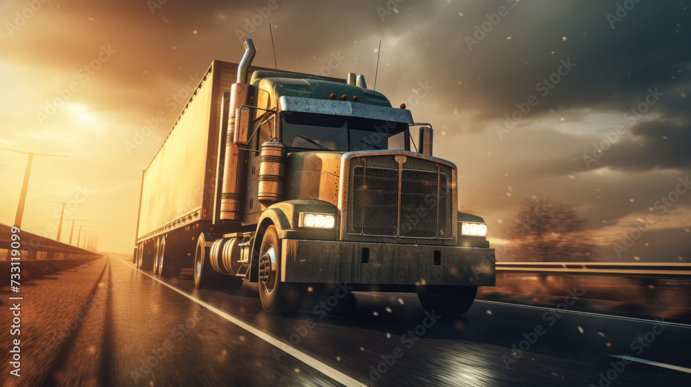 Close-up of a cargo truck on the road.
Close-up of a cargo truck on the road.