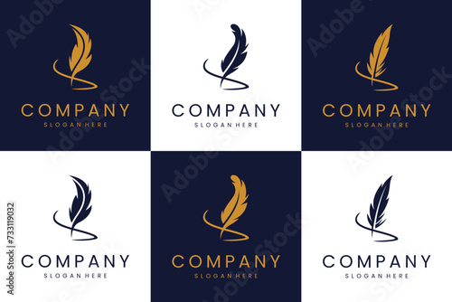 Set of golden quill logo design. Minimalist feather signature logo template.
