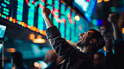 Successful Trader Celebrating on a Busy Trading Floor with Screens and Charts.