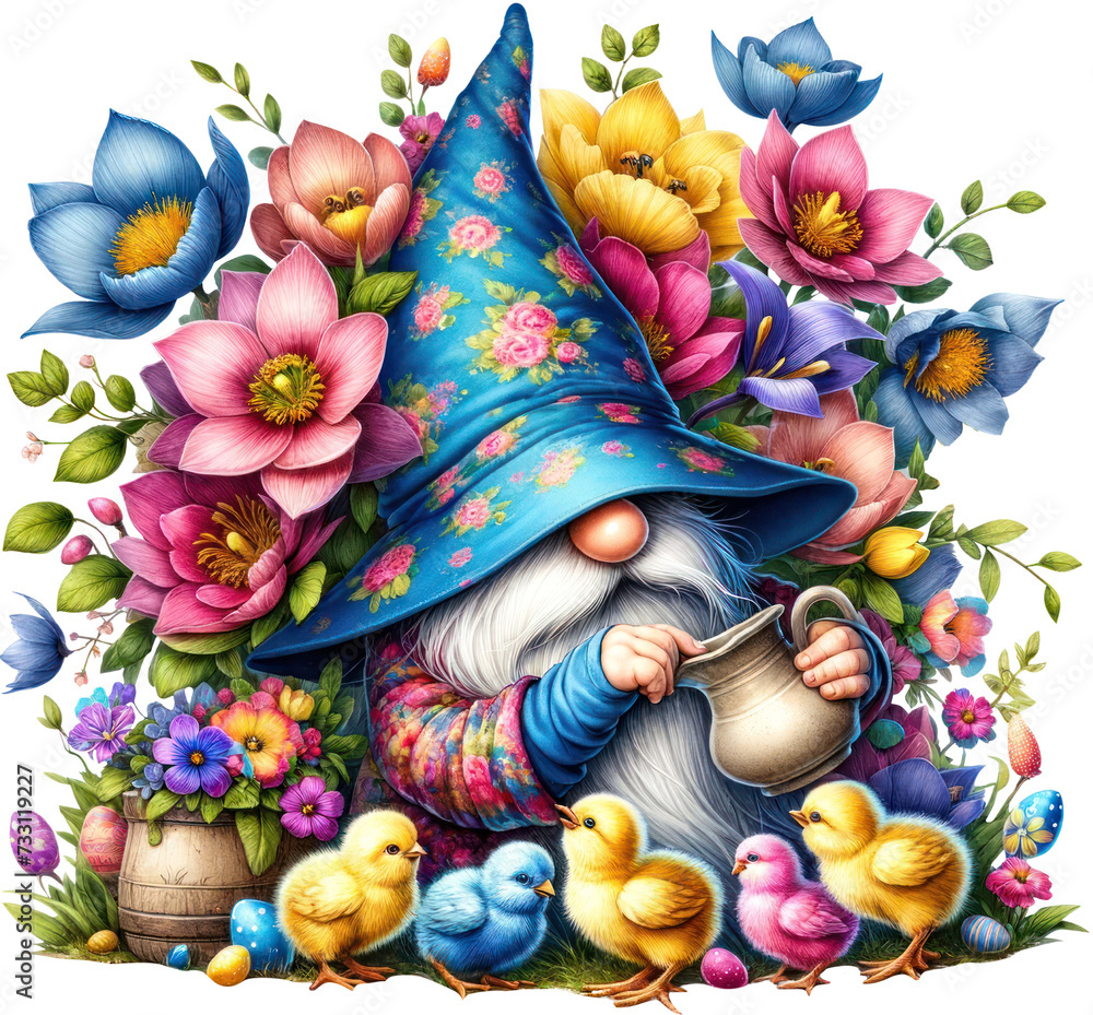 Magical Gnome Watering Flowers Surrounded by Easter Chicks