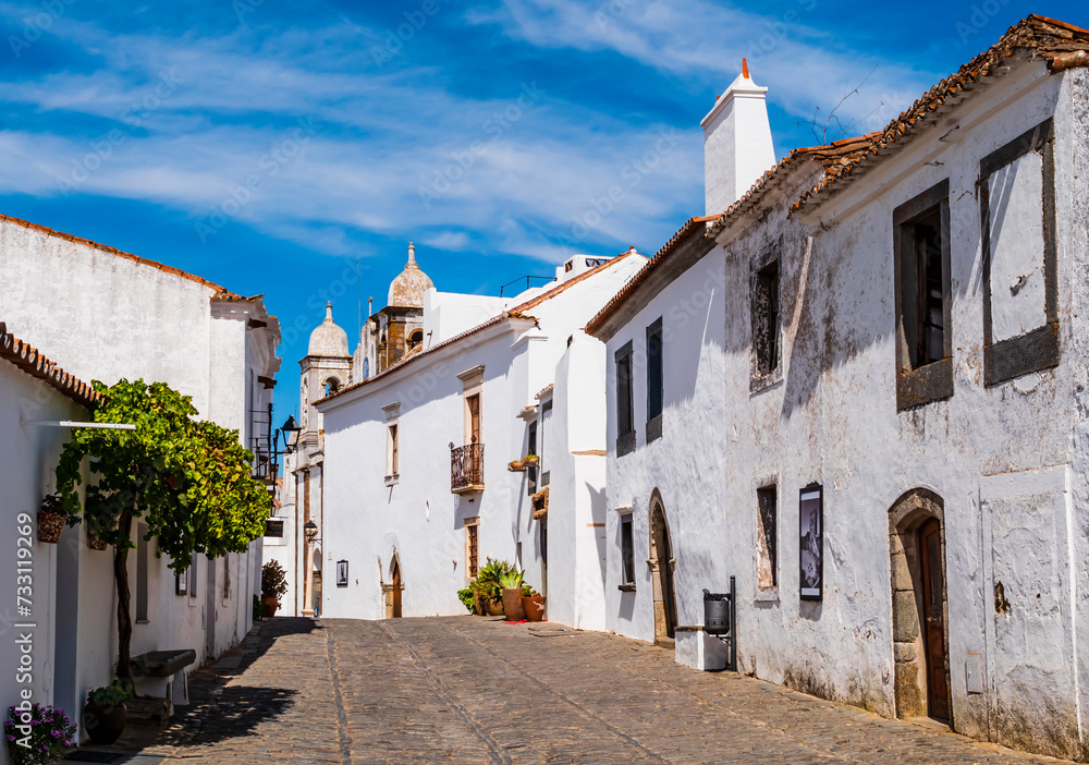Stunning cobblestone alley with traditional white houses in Monsaraz, walled medieval village in Portuguese Alentejo region near the border with Spain
