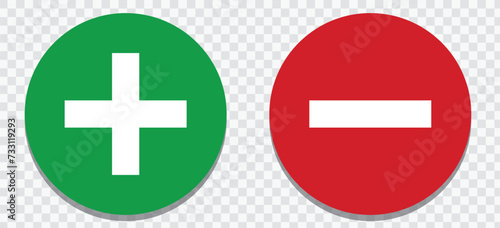 Set of plus & minus sign icons, buttons. Flat square positive & negative symbol stickers. Vector file.