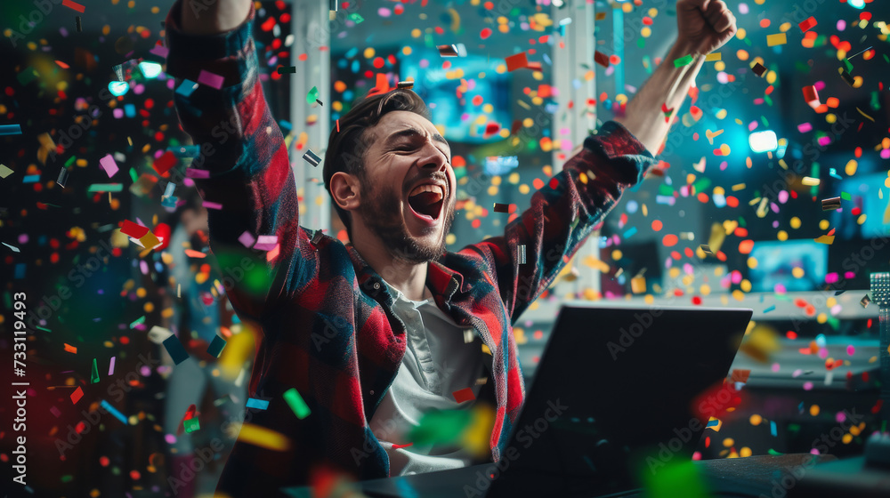 Fototapeta premium Stock market success with laptop and confetti
