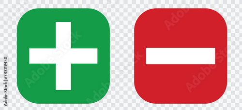 Set of plus & minus sign icons, buttons. Flat square positive & negative symbol stickers. Vector file.