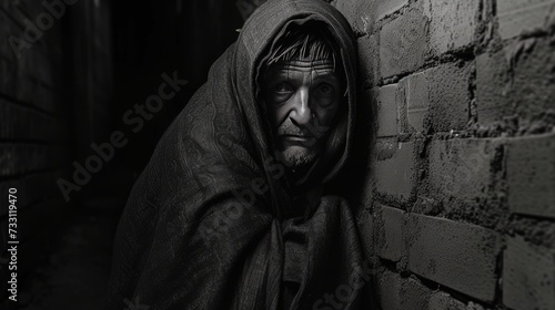 Poverty and Rejection A Homeless old man Wrapped in a Blanket in a Dark Alley.