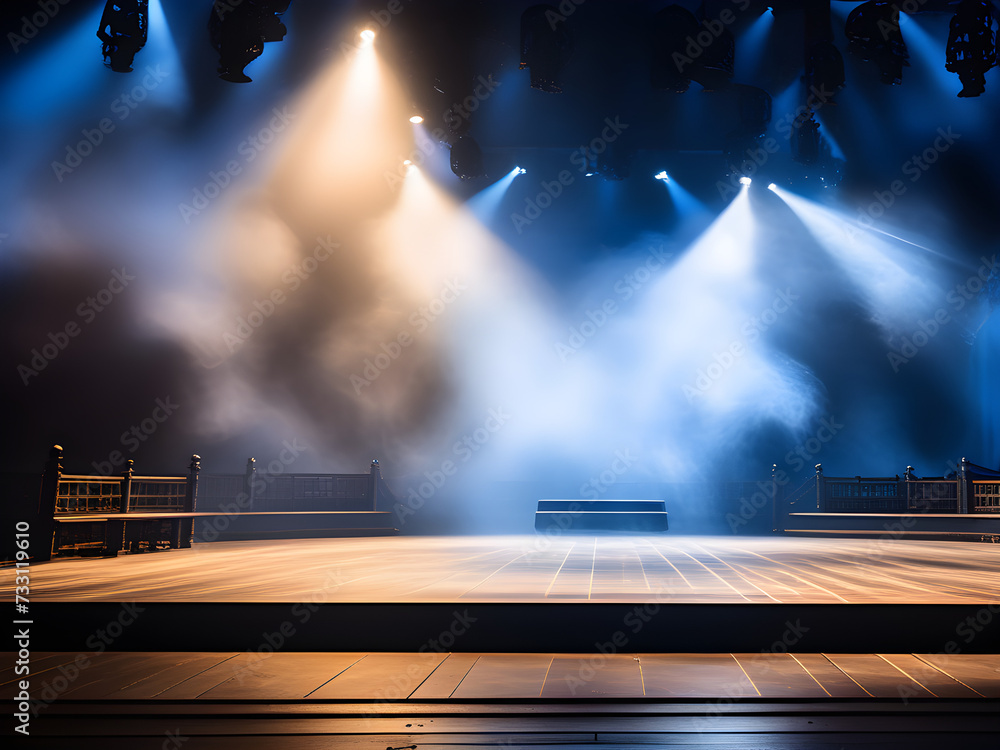Empty Stage in Atmospheric Smoke: Scenic Lights Casting Vibrant Hues - Spotlight on Dramatic Ambiance