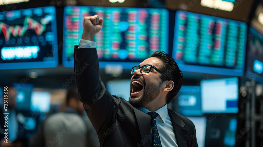 A Trader Celebrating Profit Trading with a Victory Dance on a Trading Floor with Screens Showing Graphs and News. A Trader Celebrating Profit Trading with a Victory Dance on a Trading Floor with Screens Showing Graphs and News.
