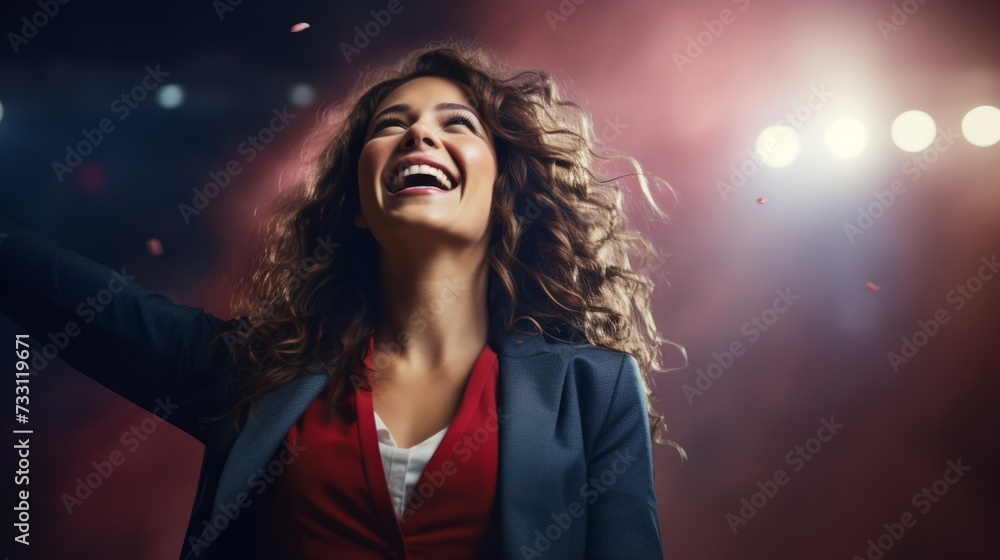 Close-up of a joyful, happy woman motivational speaker performing on stage in front of an audience. Business seminar, conference, Presentation. Close-up of a joyful, happy woman motivational speaker performing on stage in front of an audience. Business seminar, conference, Presentation.