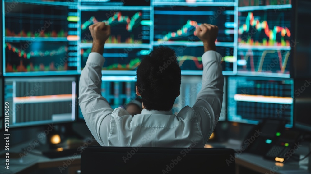 Trader with Hands Up on a Trading Desk with Computer Screens Displaying Positive Stock Data. Trader with Hands Up on a Trading Desk with Computer Screens Displaying Positive Stock Data.