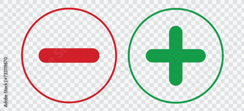 Set of plus & minus sign icons, buttons. Flat square positive & negative symbol stickers. Vector file.