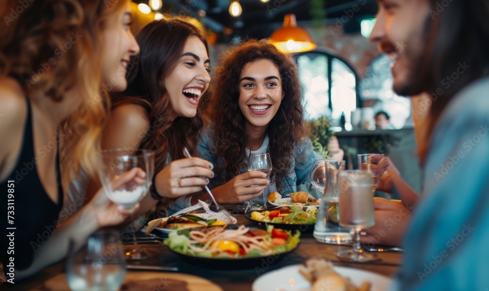 Friends Laughing and Sharing Food at Restaurant