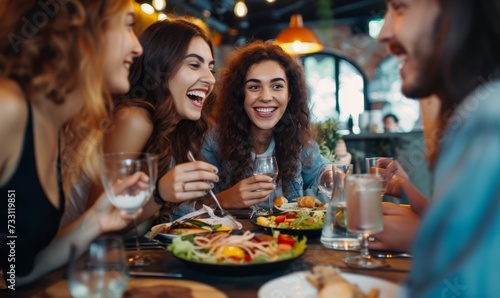 Friends Laughing and Sharing Food at Restaurant